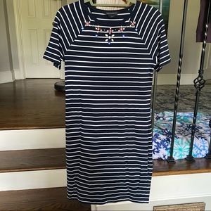 Blue and white striped French connection dress with a jeweled neckline- 10